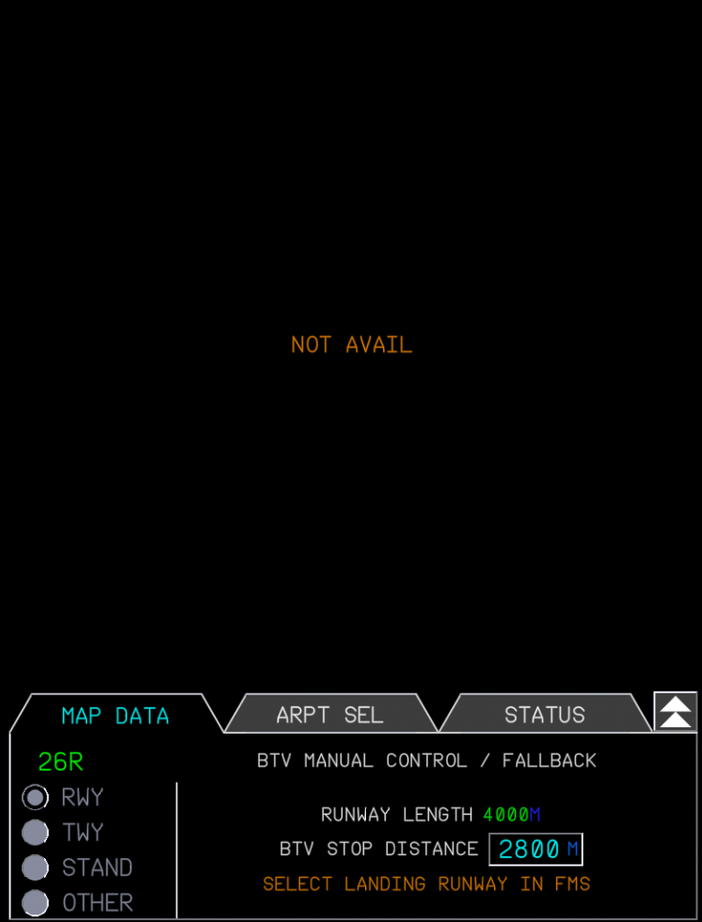 BTV STOP DISTANCE selection in OANS control panel